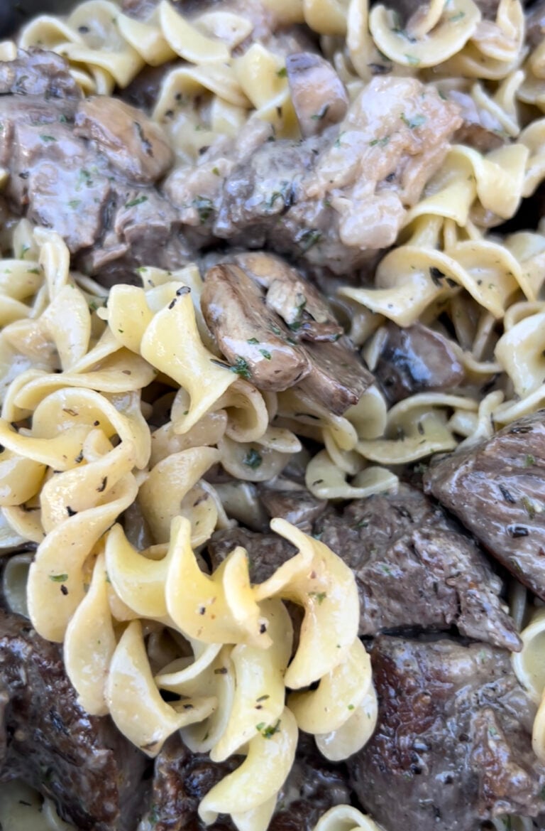 Steak in Mushroom Cream Sauce with Pasta
