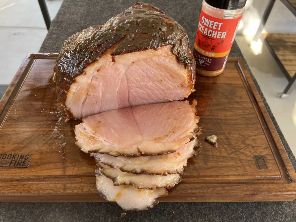 smoked ham thats sliced open