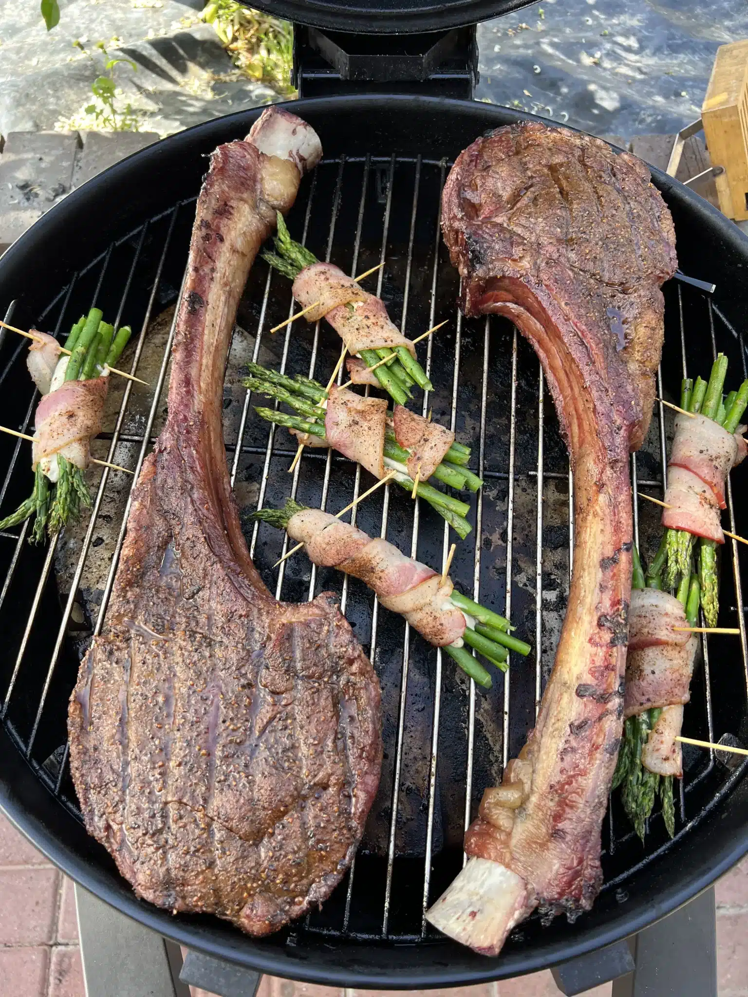 bacon wrapped asparagus with tomahawk ribeyes