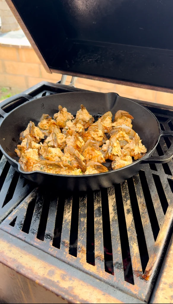 shrimp in a cast iron pan