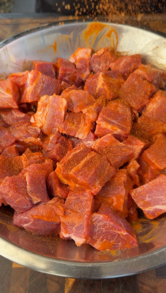 cubed pork in a bowl