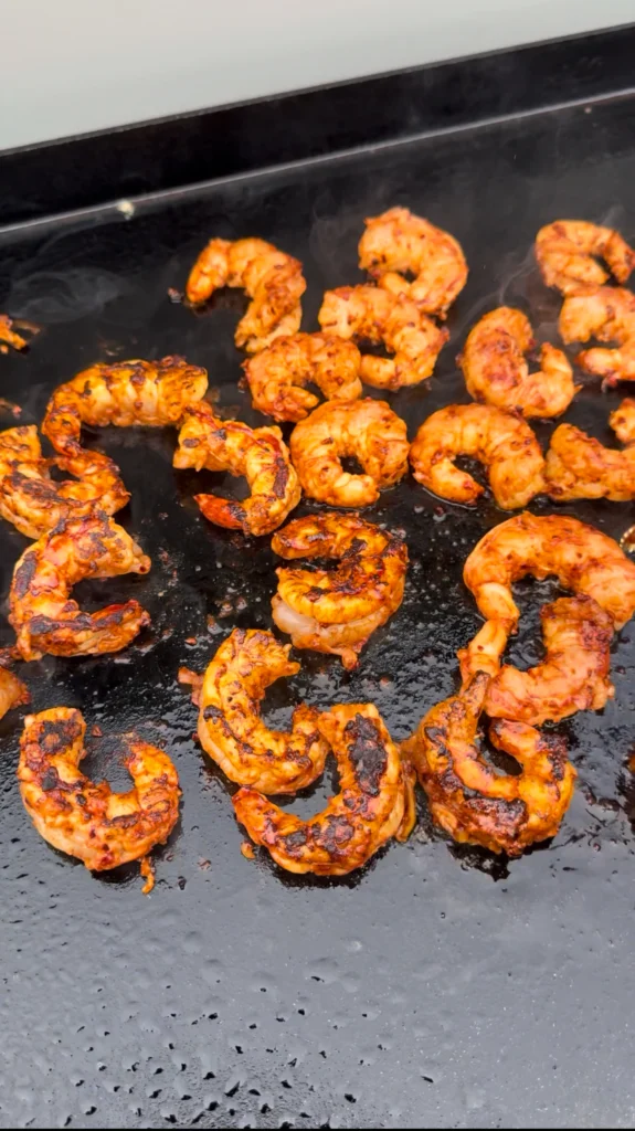 griddled shrimp on a flat top