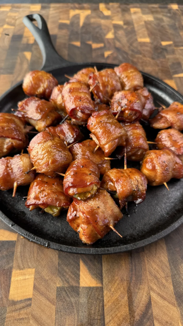 Platter of smoked chicken bacon pickle bites with glossy BBQ glaze