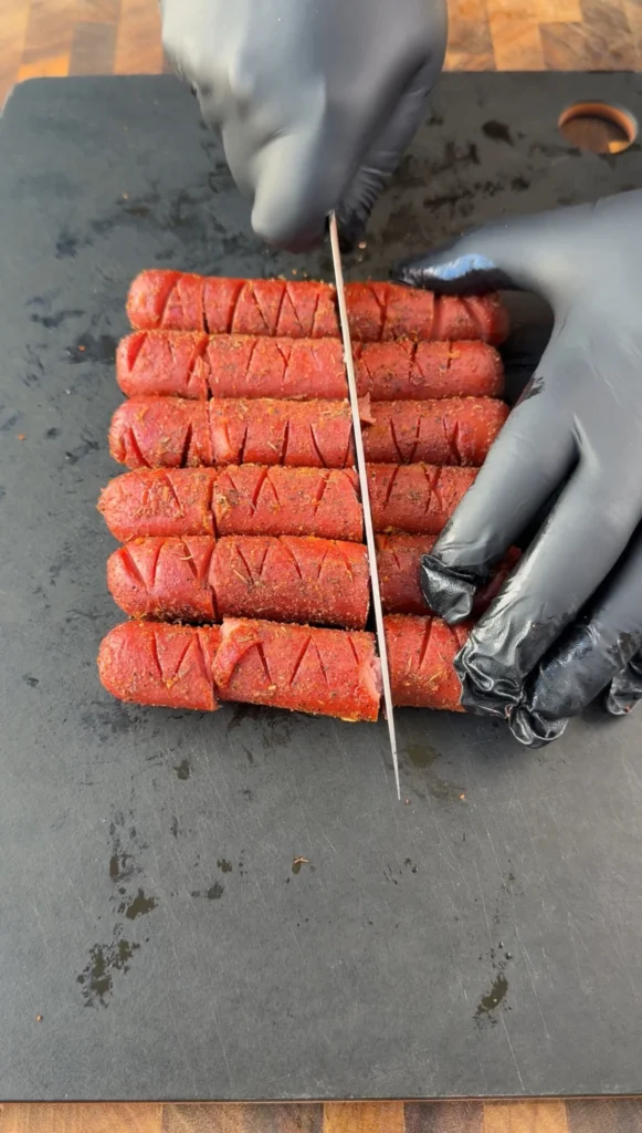 sliced hot dogs on a board