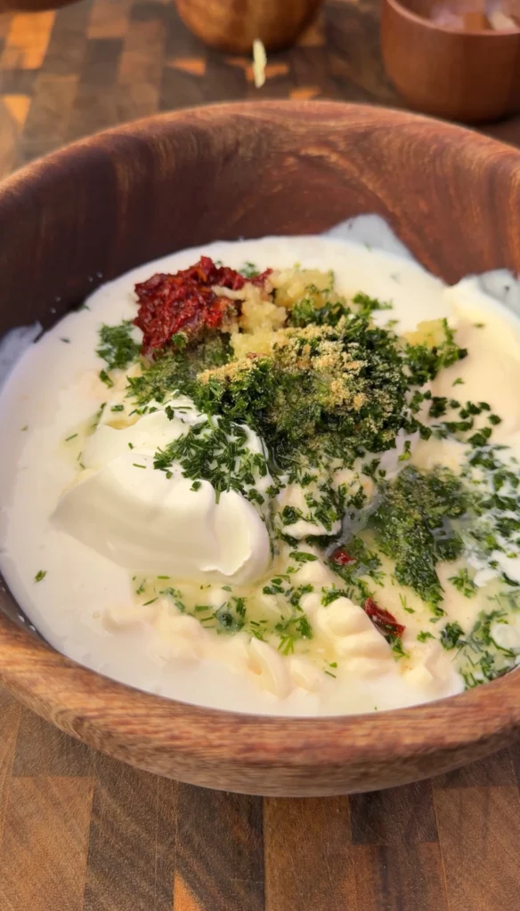 Fresh homemade chipotle ranch sauce in rustic wooden bowl with visible herbs, garlic, and chipotle peppers creating smoky creamy dressing