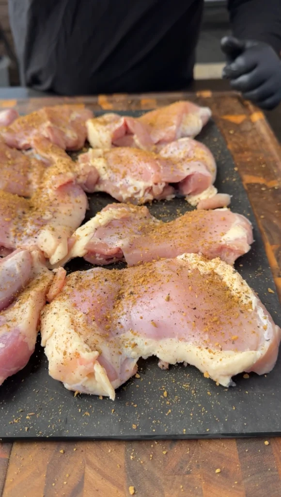 Raw boneless skinless chicken thighs on cutting board generously seasoned with Danos Cheesoning, showing preparation technique and seasoning coverage