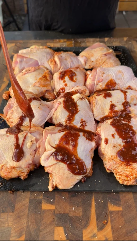 Raw bone-in chicken thighs on slate board being brushed with honey chipotle sauce marinade, showing proper marination technique