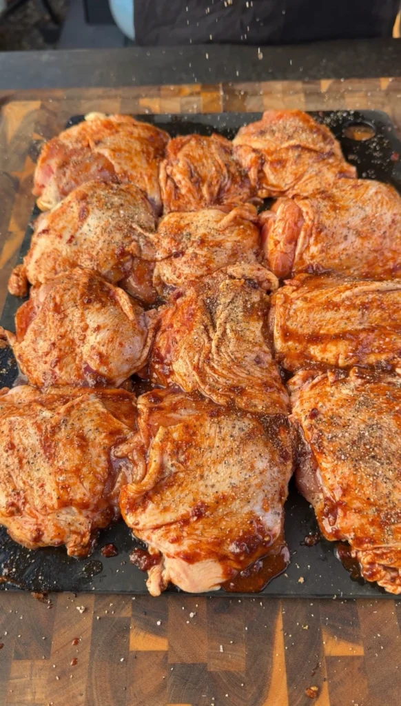Raw bone-in chicken thighs on slate board being brushed with honey chipotle sauce marinade, showing proper marination technique