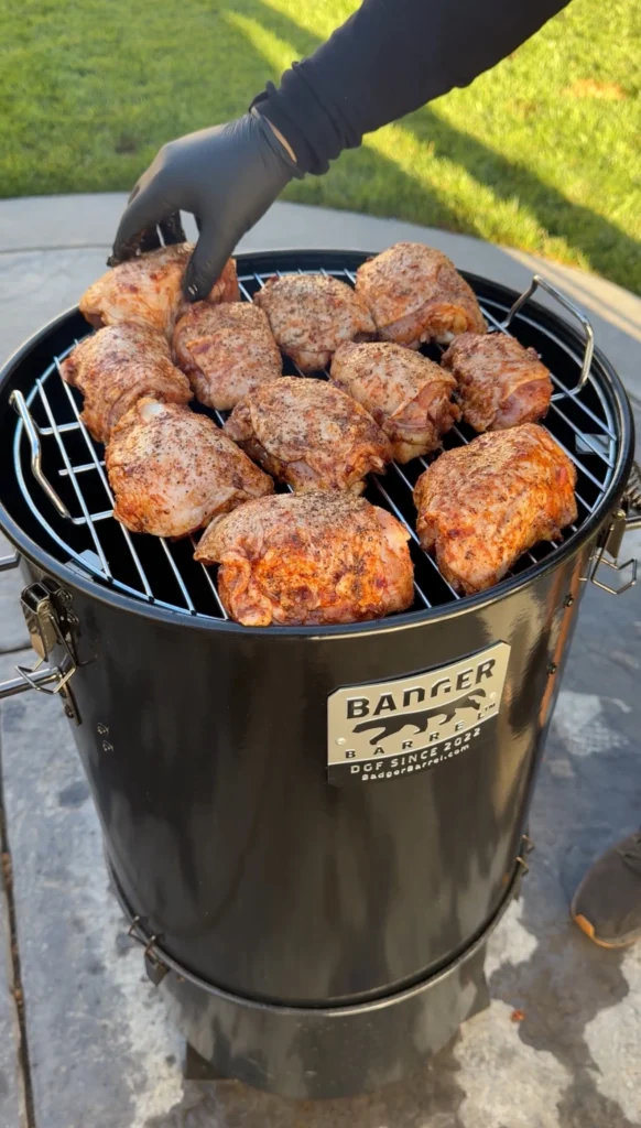 Honey chipotle chicken thighs on round grill grates with caramelized glaze, showing final grilling stage and perfect caramelization