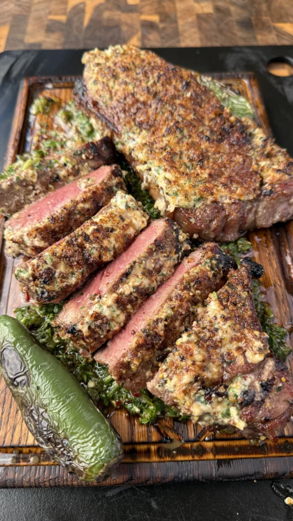 sliced cheese crusted steaks