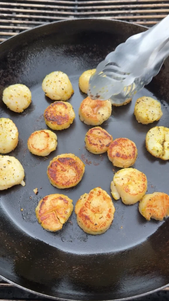 searing scallops on the cast iron
