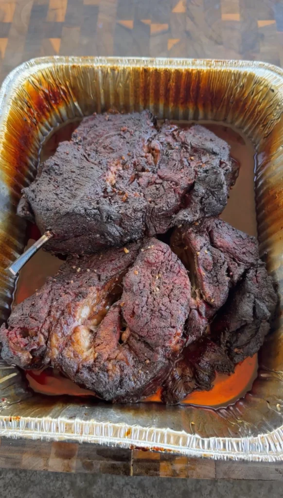 low and slow cooked chuck roast on the smoker