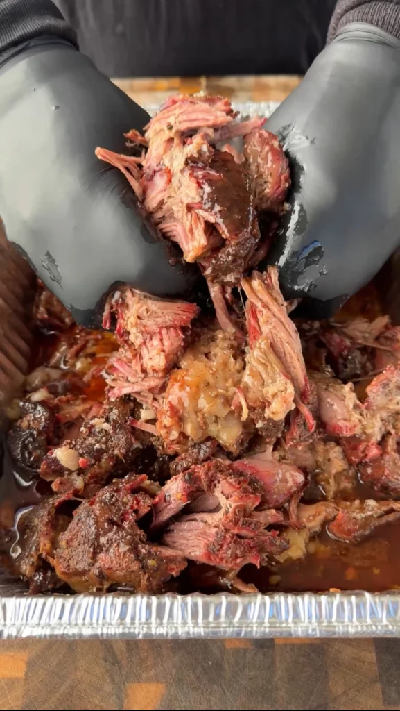 shredded pulled beef in a pan