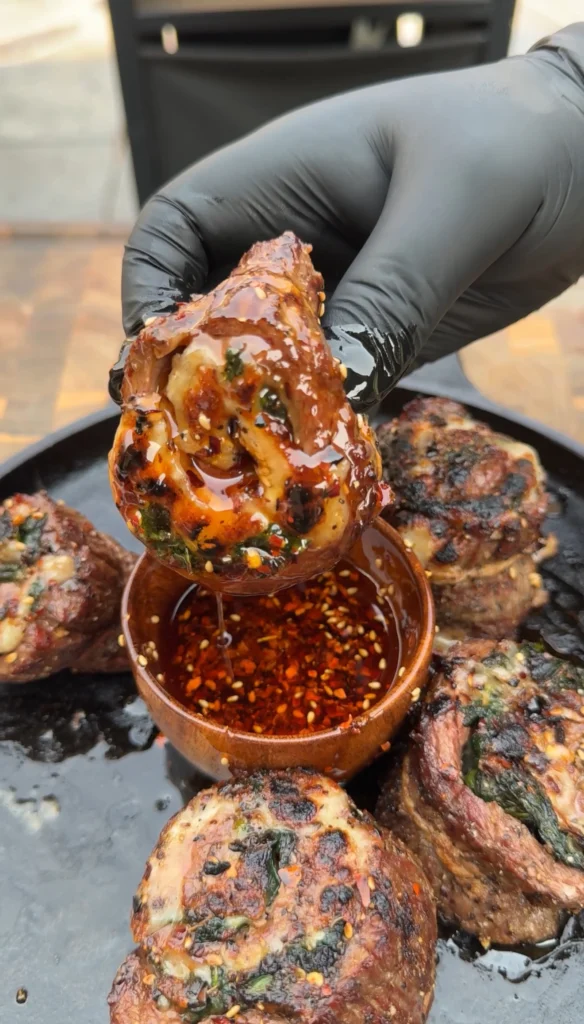 Hand holding a grilled steak pinwheel slice being dipped into homemade chili oil with visible red pepper flakes and sesame seeds