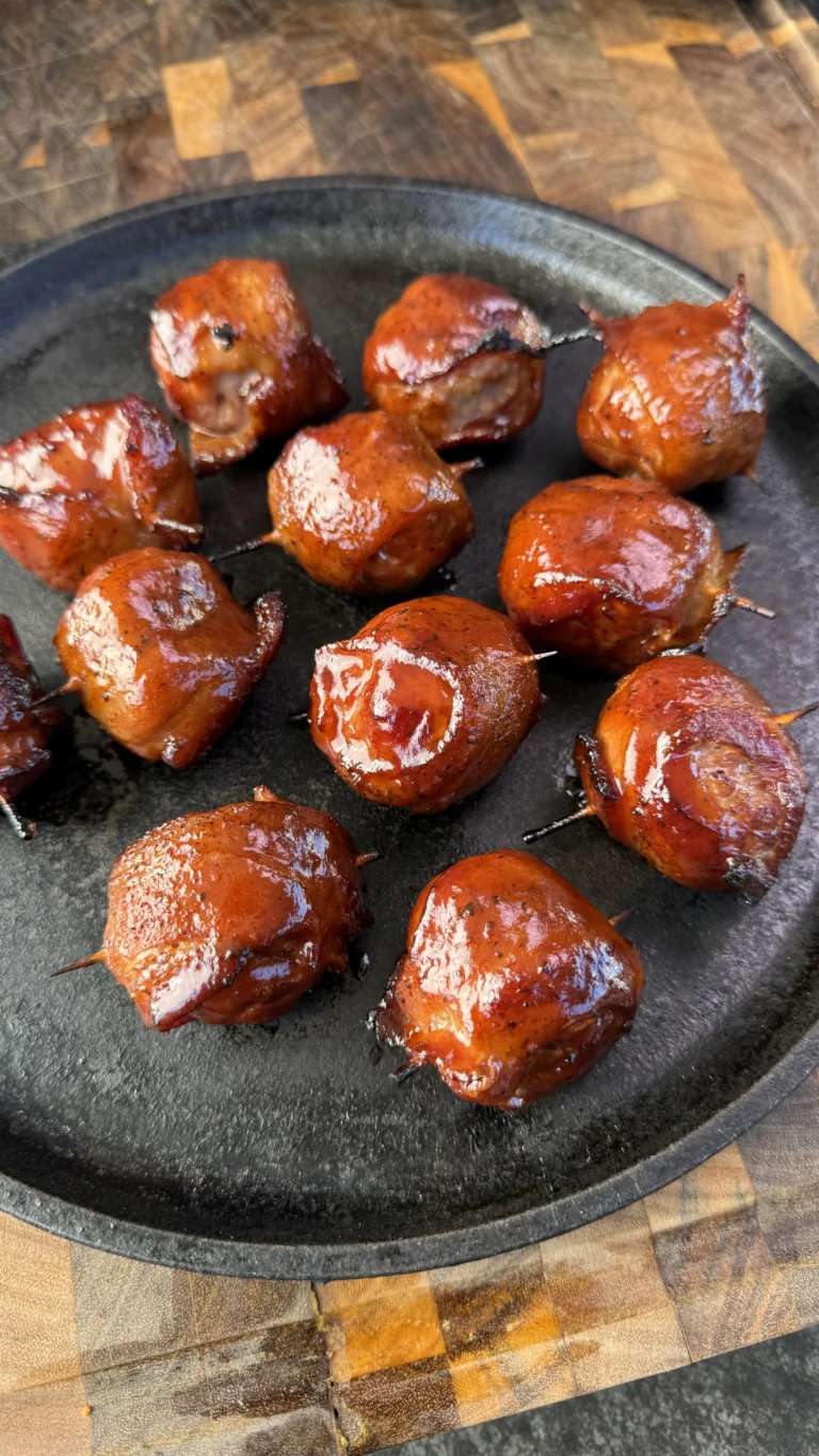 plate full of bacon wrapped meatballs