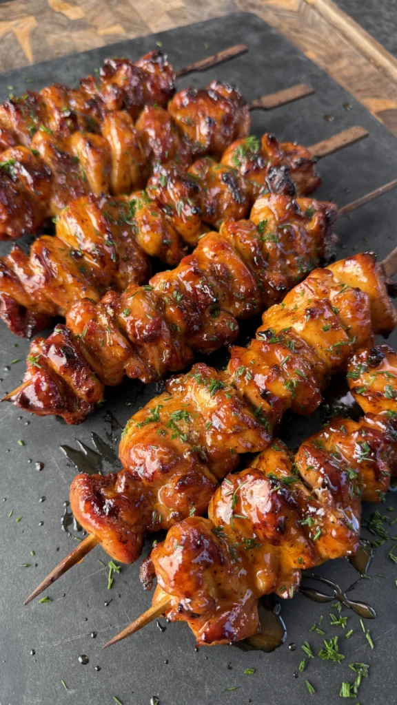 smoked chicken skewers on a cutting board