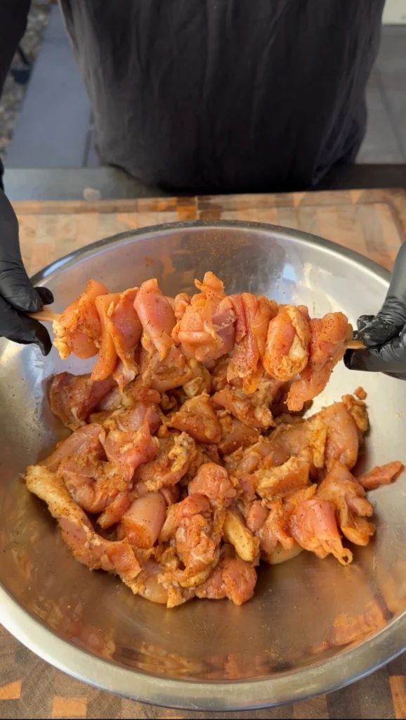 chicken thighs on the skewers