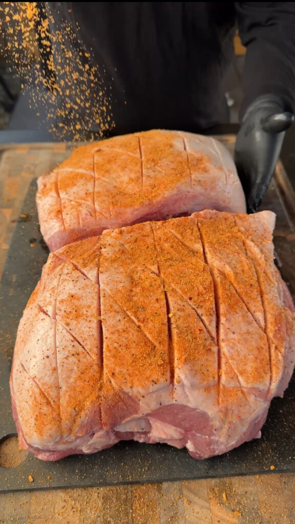 seasoned and scored pork shoulder