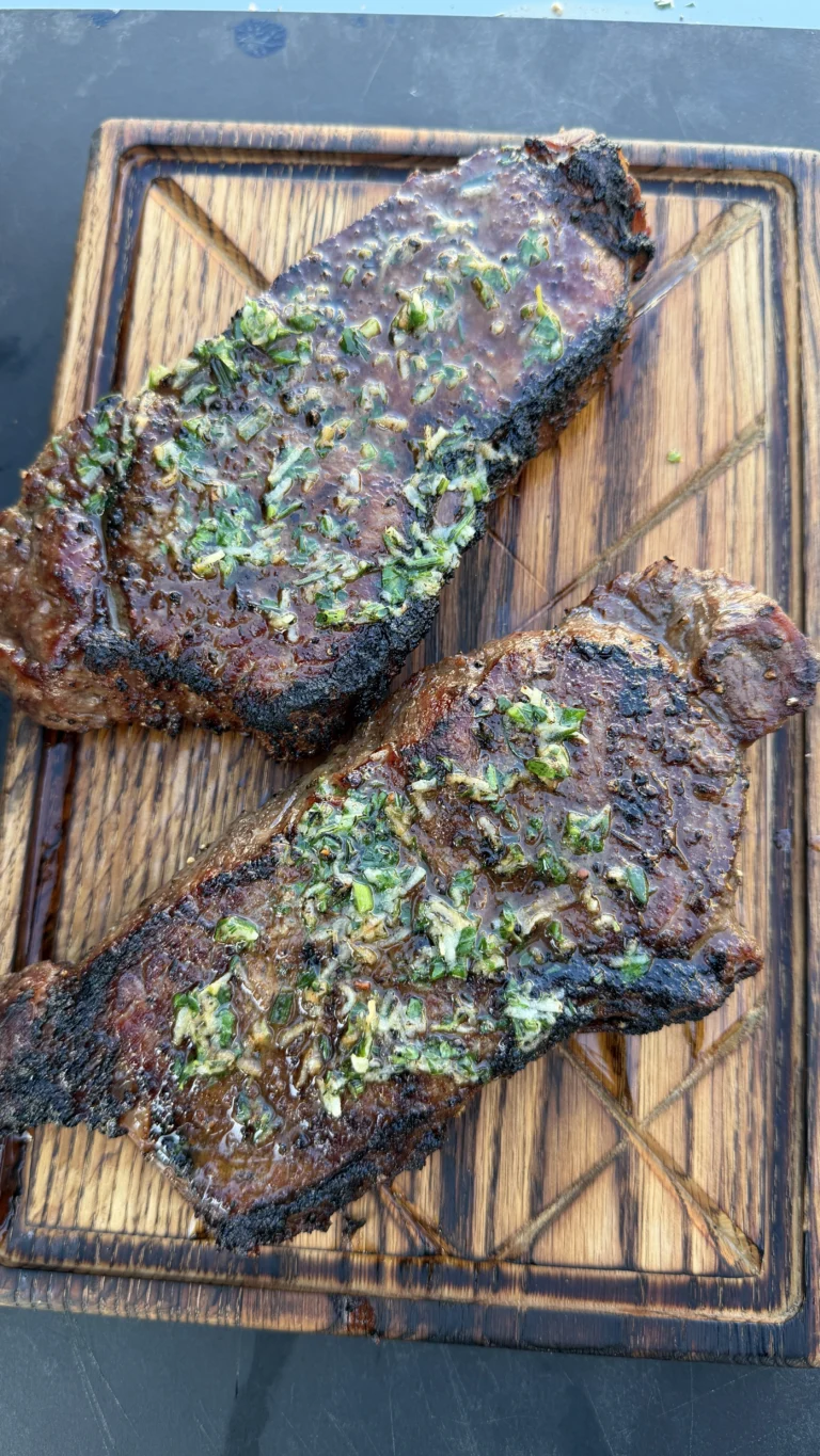 Grilled Strip Steaks with Garlic Herb Compound Butter
