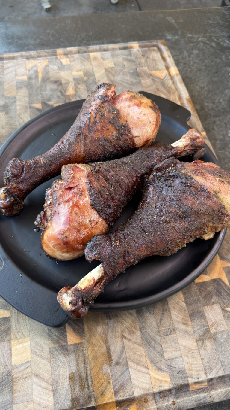 smoked turkey legs on a black plate