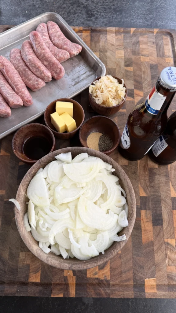 bratwurst ingredients on a cutting board