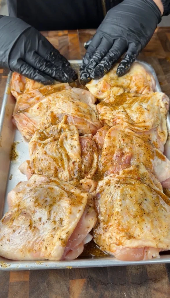 seasoned chicken thighs on a metal tray