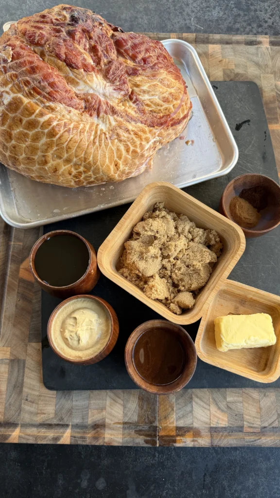 spiral ham ingredients on a wooden cutitng board 