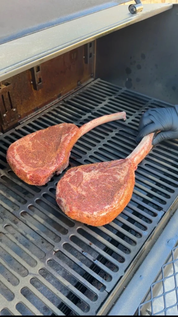 tomahawk ribeyes on the smoker 
