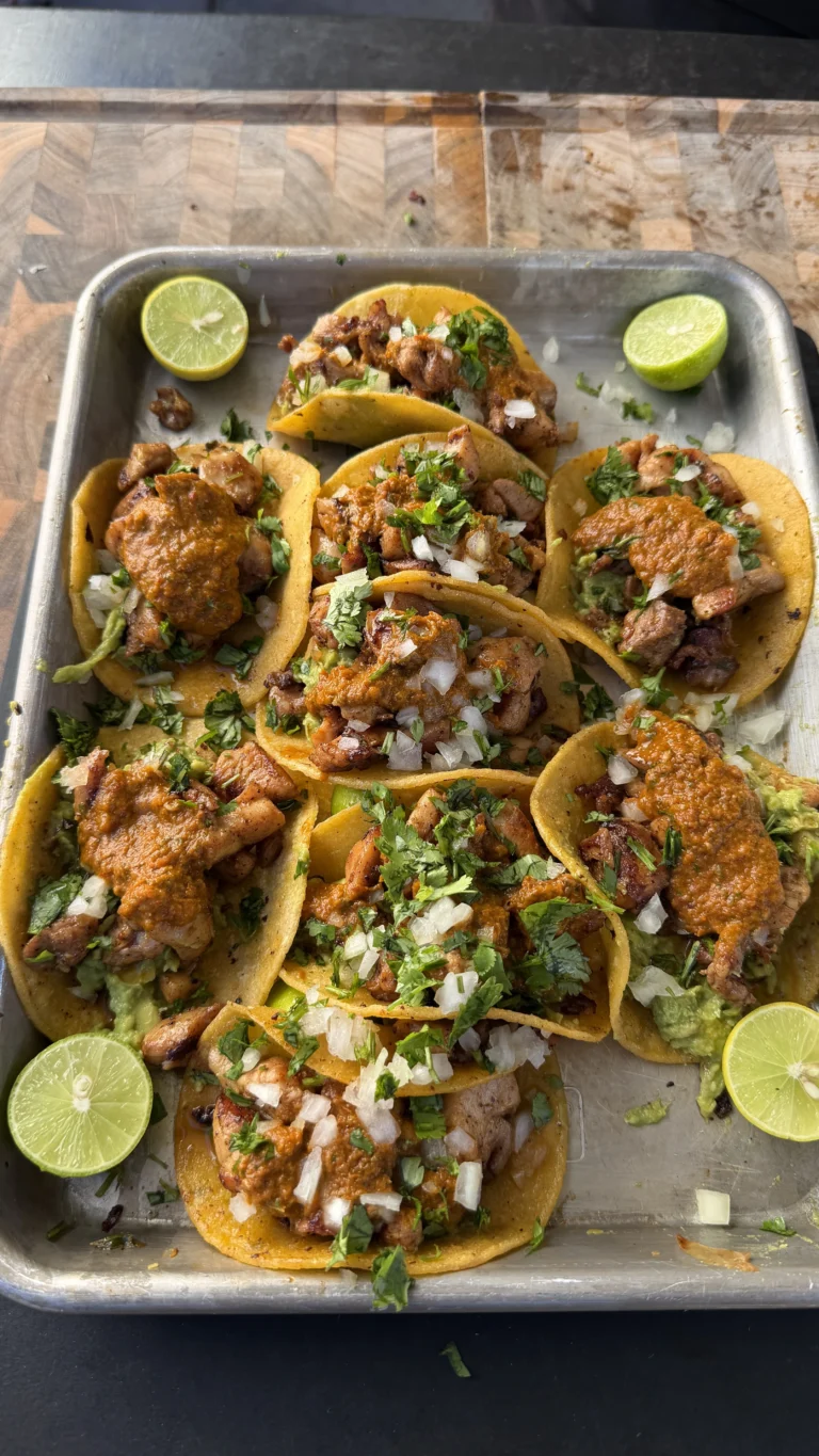 Griddle Chicken Tacos with Guacamole and Chipotle Salsa