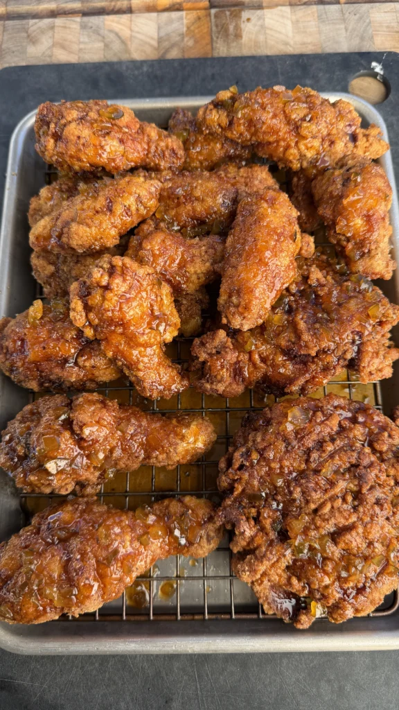 glazed fried chicken recipe on a resting pan