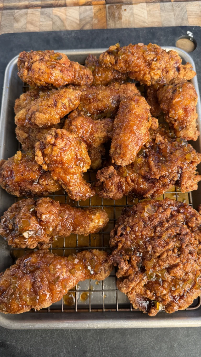 glazed fried chicken recipe on a resting pan