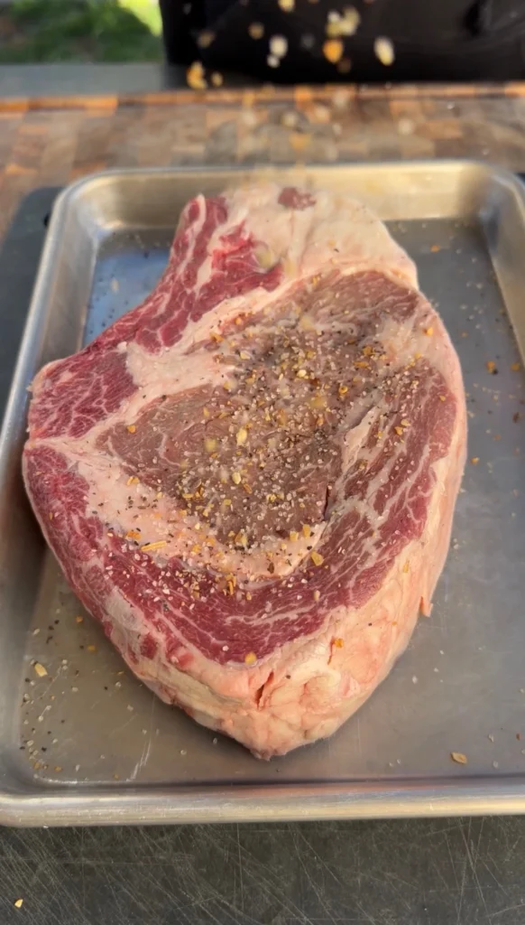 cowboy ribeye on a metal tray