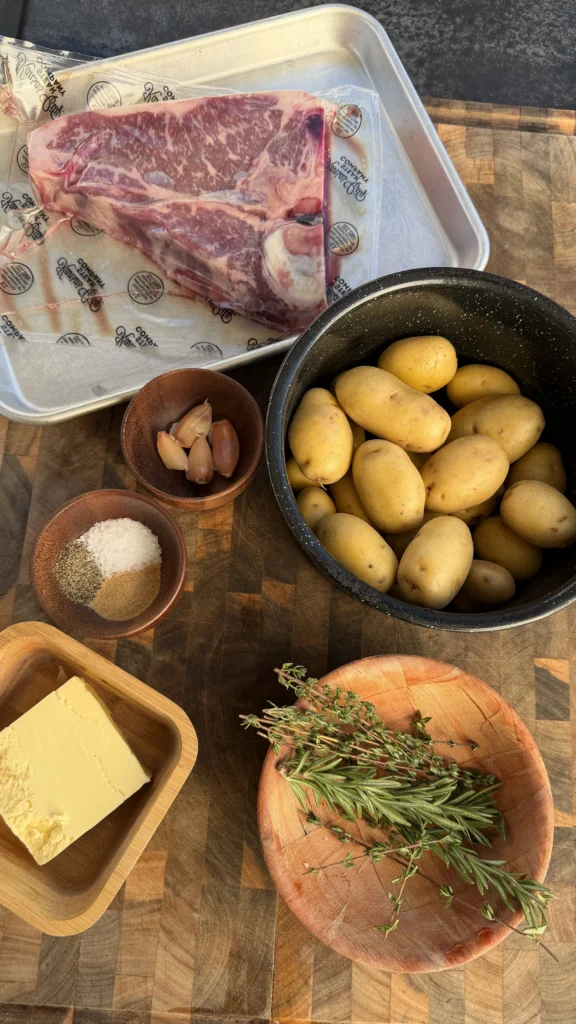 porterhouse ingredients on a wooden cutting board