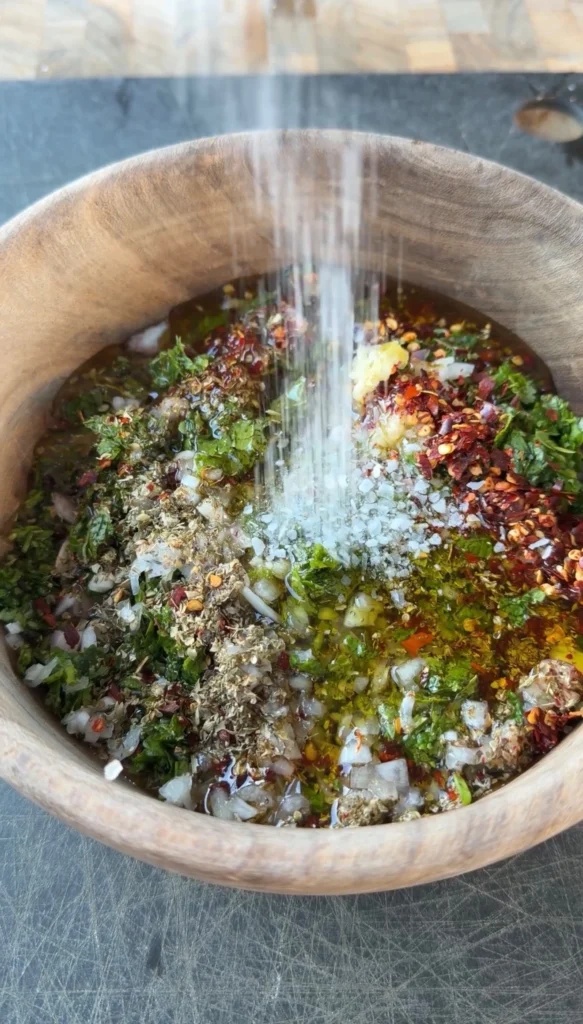 mint chimichurri in a wooden bowl