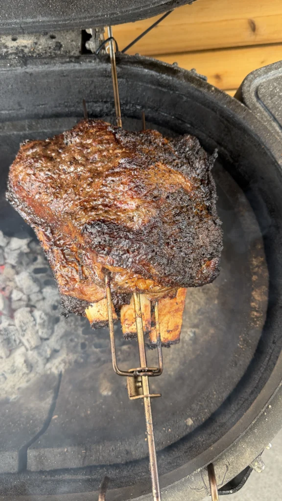 beef ribs on a rotisserie