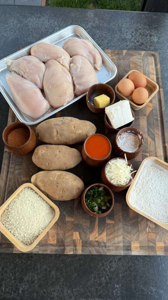 All ingredients for buffalo chicken potato croquettes on a cutting board with chicken breasts, russet potatoes, eggs, cream cheese, buffalo sauce, panko, flour, and shredded cheese