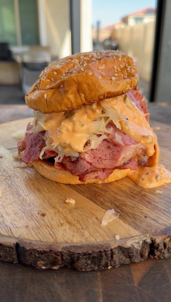 Assembled smoked pastrami sandwich on a brioche bun with Swiss cheese, sauerkraut, and Thousand Island dressing on a wood round