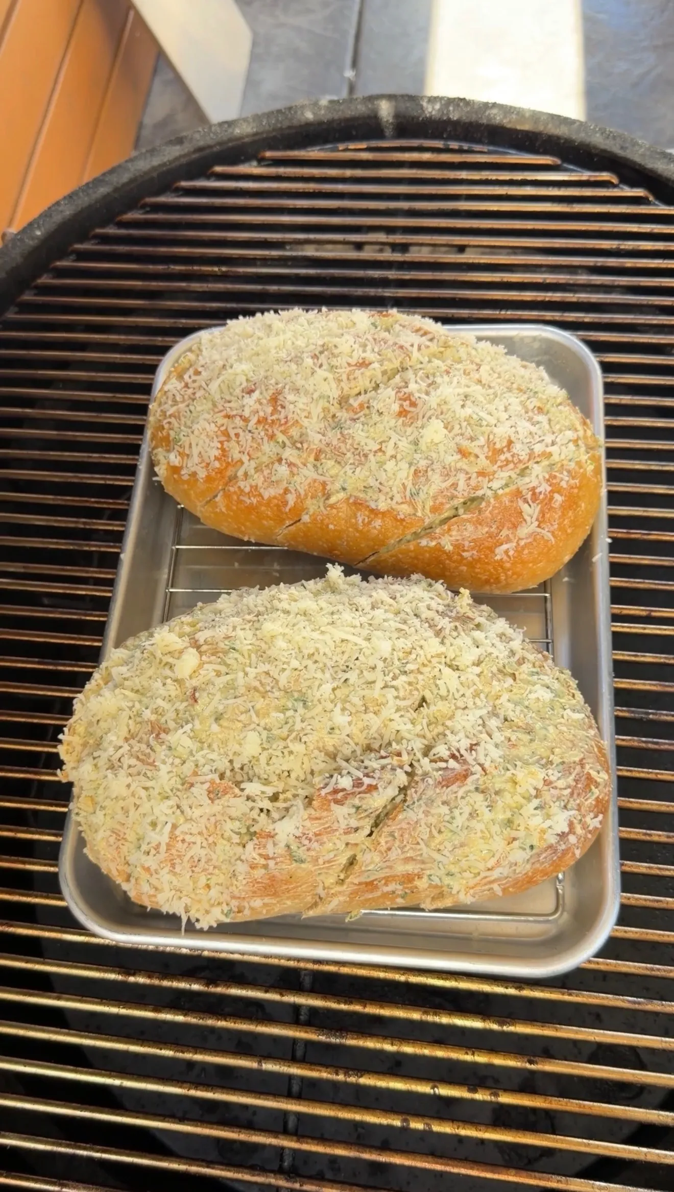Cheesy garlic pull-apart sourdough on cooling rack