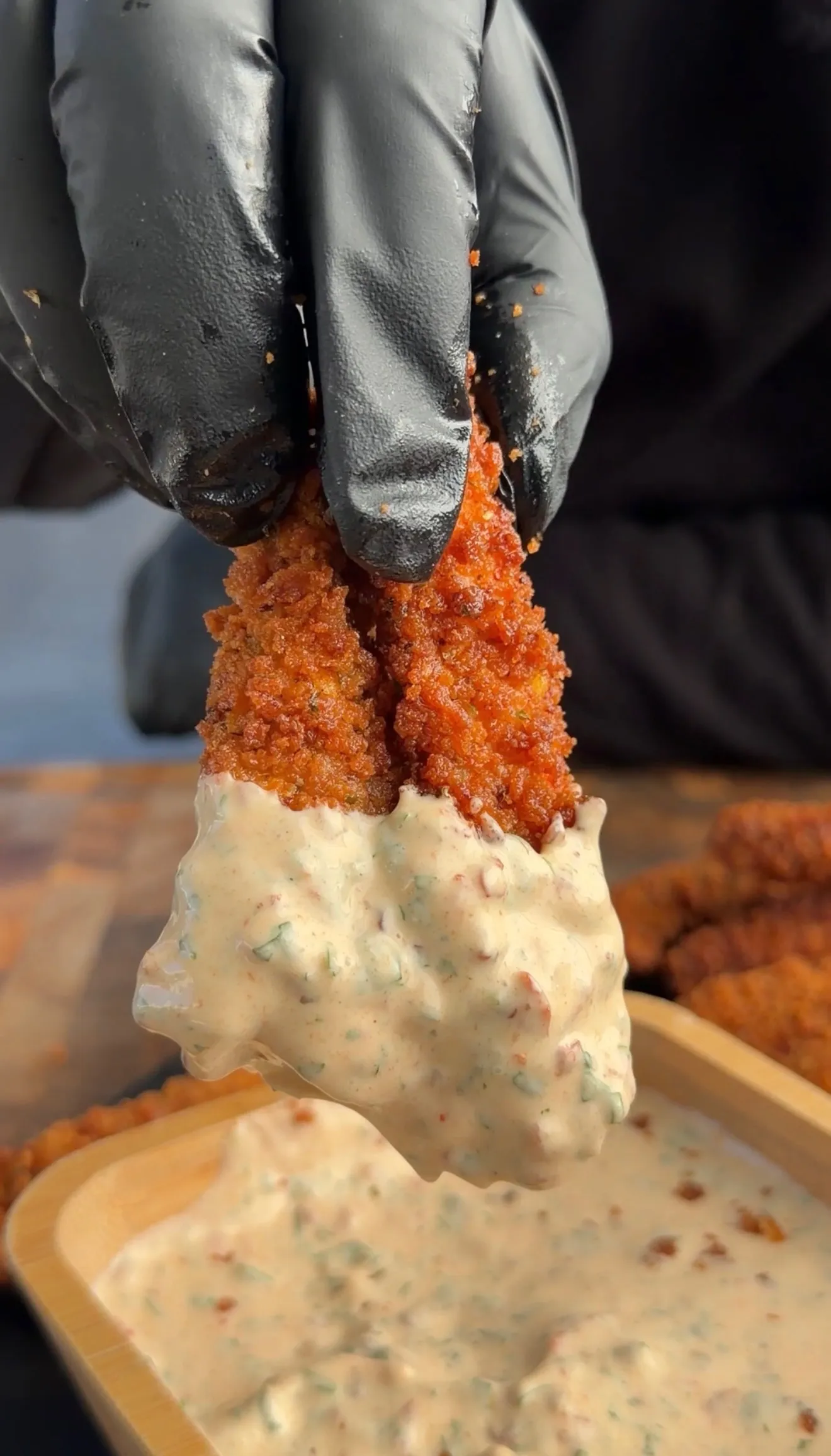 Crispy chicken fries dipped in chipotle ranch sauce