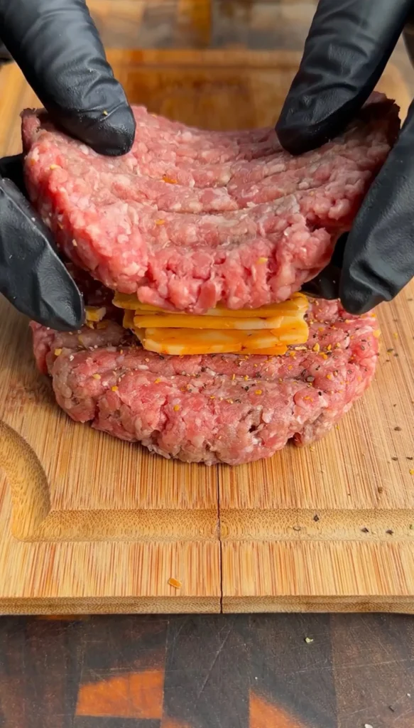 Hands in black gloves assembling a Juicy Lucy burger patty with cheese on wooden cutting board