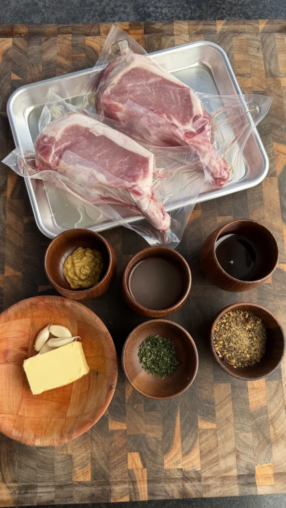 Raw double bone pork chops in vacuum bags with garlic herb butter sauce ingredients in wooden bowls