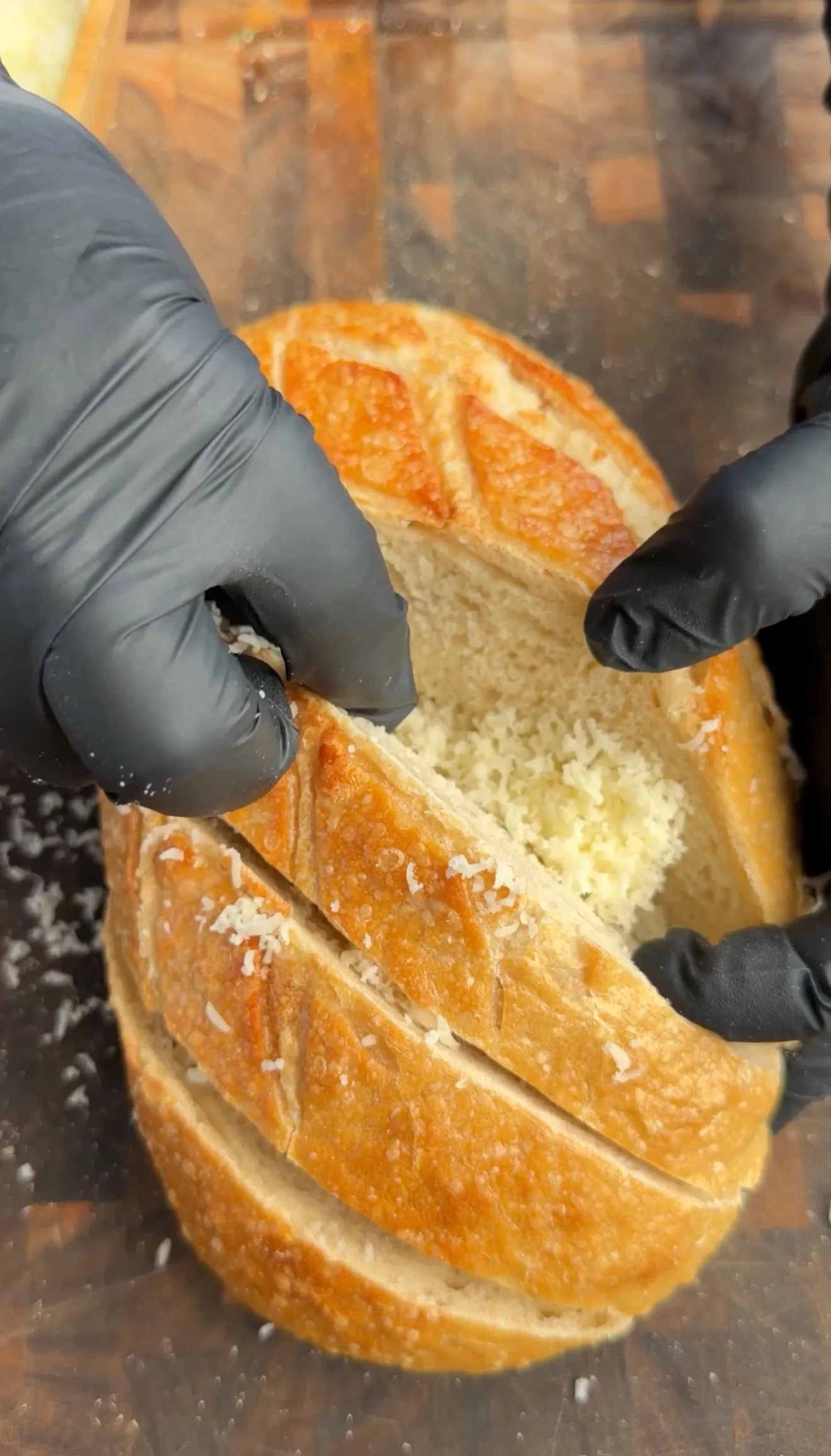 Roasted garlic parmesan pull-apart sourdough being served