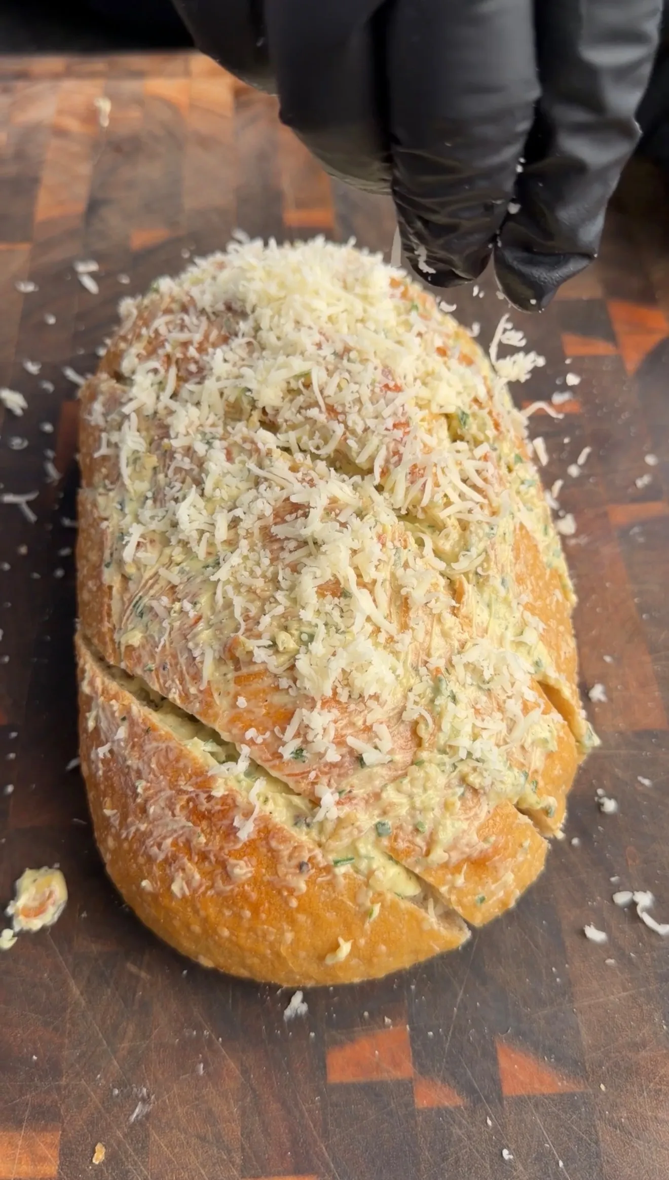 Roasted garlic parmesan pull-apart sourdough bread close up