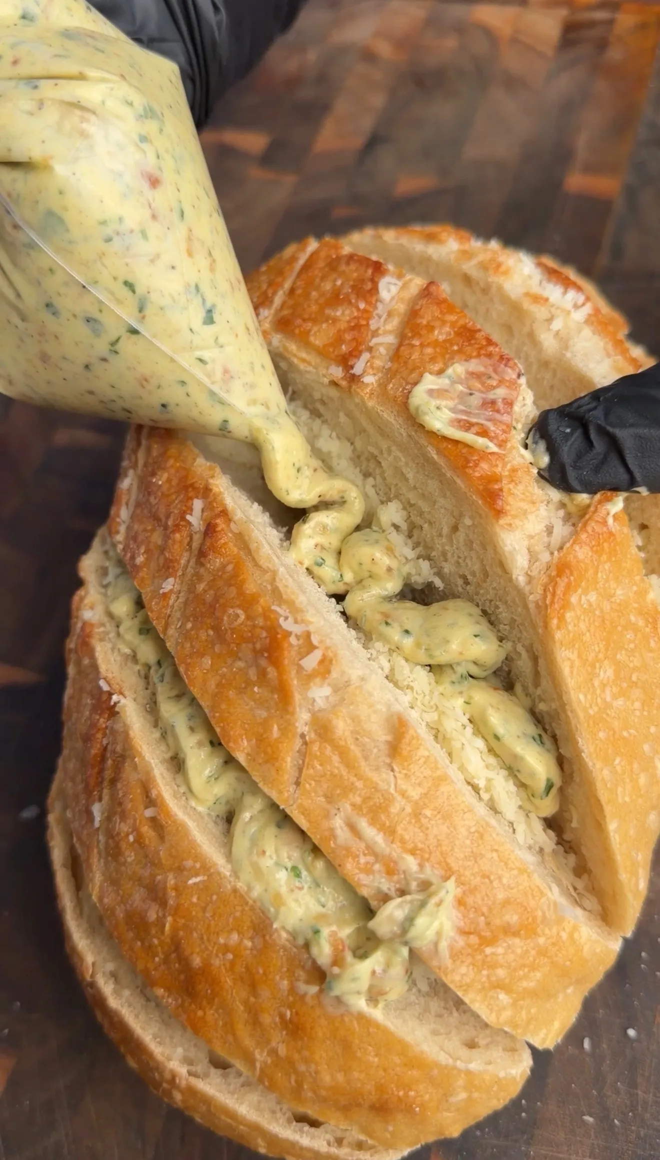 Roasted garlic parmesan pull-apart sourdough bread stuffed and ready
