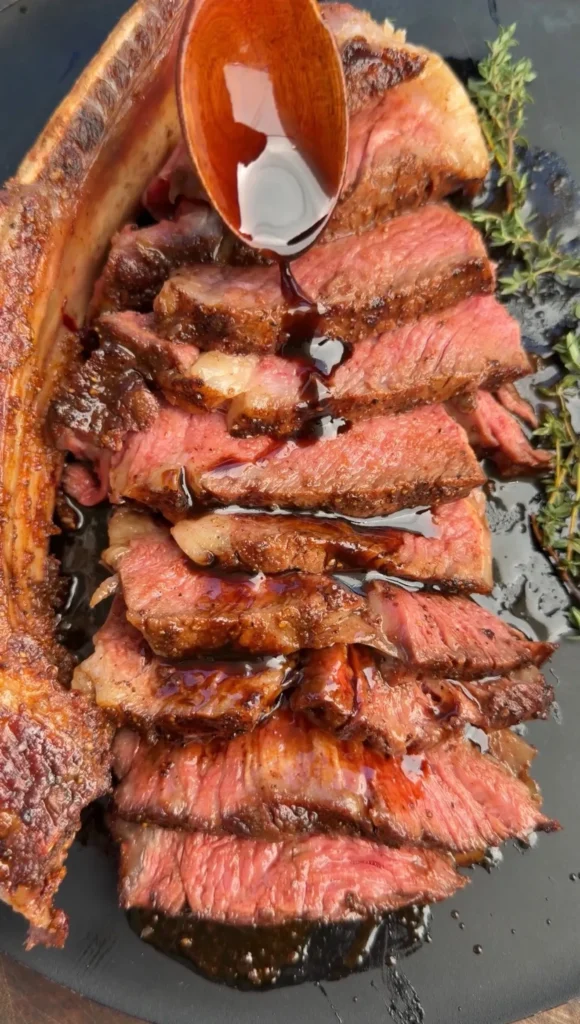 Sliced cowboy ribeye steak with glossy worcestershire glaze, cooked medium-rare and garnished with fresh thyme