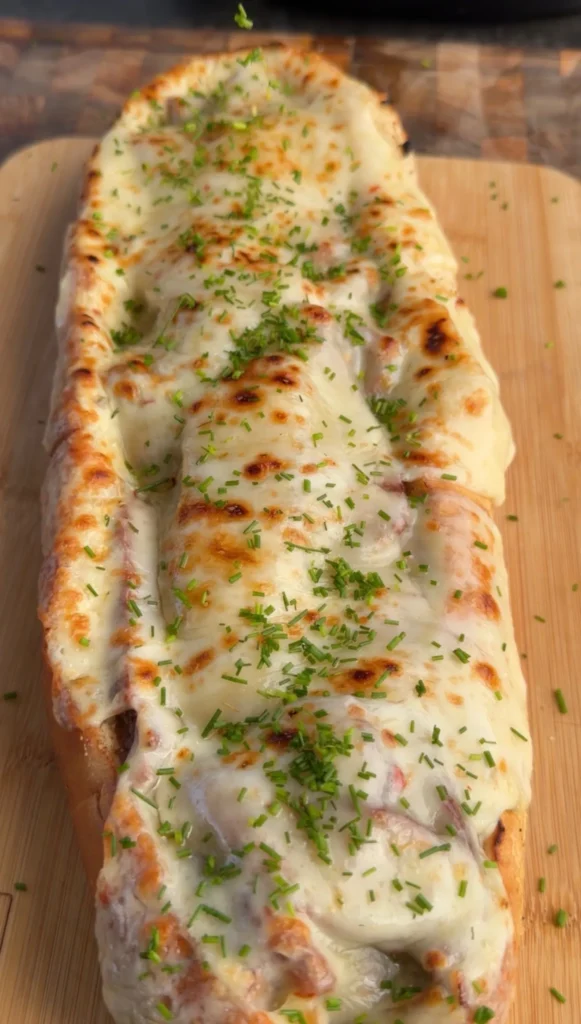 Steak stuffed bread boat topped with melted cheese and fresh herbs on wooden cutting board