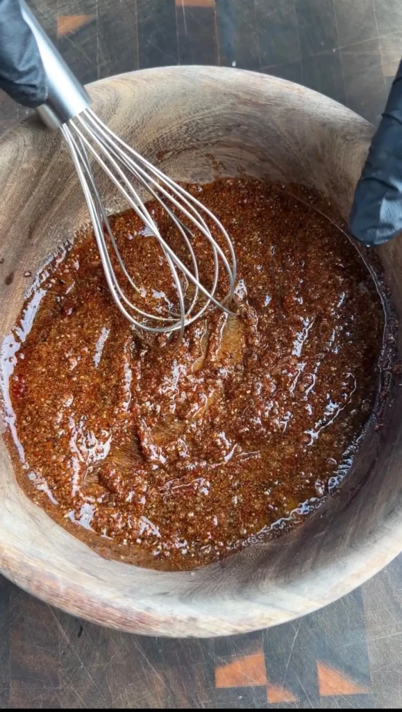 Dark brown Worcestershire glaze being whisked in a wooden bowl with metal whisk for cowboy ribeye