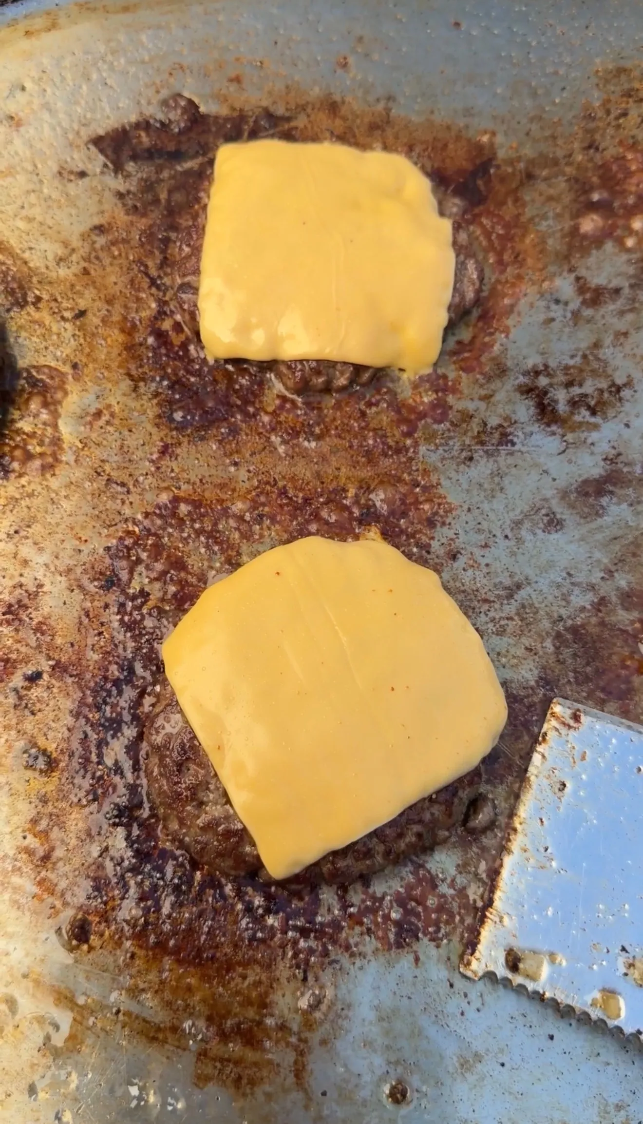 Two beef patties topped with melted cheese cooking on a well-seasoned griddle for bacon cheeseburger patty melts