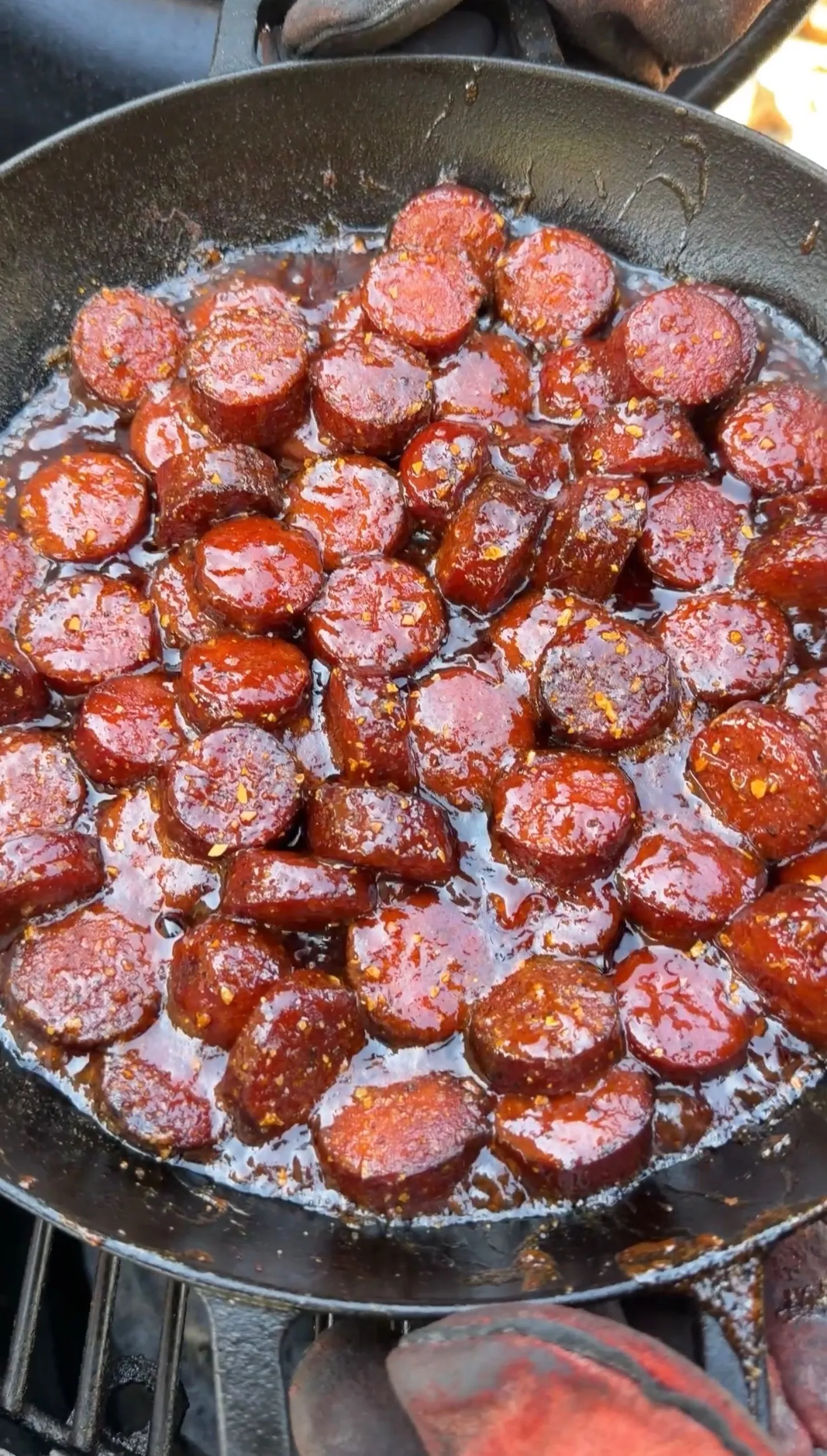 BBQ smoked sausage burnt ends glazed in pan