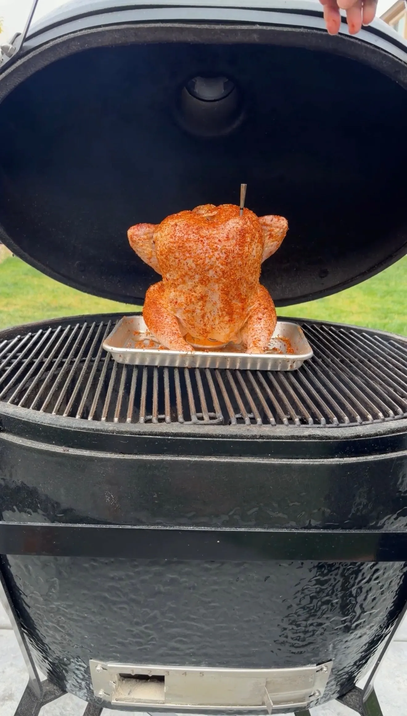 Seasoned whole chicken positioned over a beer can smoking on a kamado-style ceramic grill